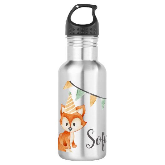 Cute Fox Woodland Feesthoed roze Waterfles (Voorkant)