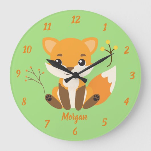 Cute Fox Woodland Nursery Green en Sinaasappel Grote Klok (Voorkant)
