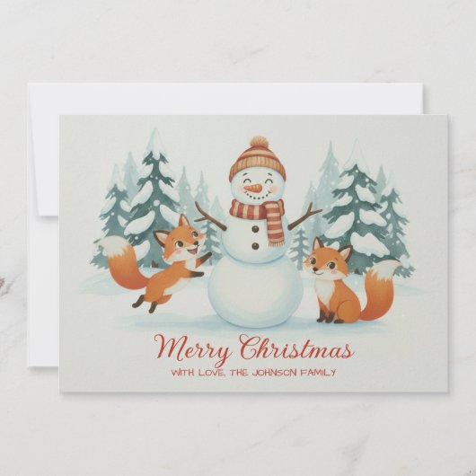 Cute Foxes and Snowman Merry Christmas Feestdagenkaart (Voorkant)