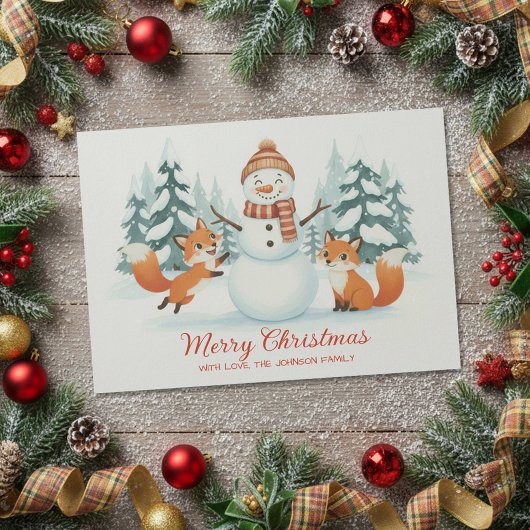 Cute Foxes and Snowman Merry Christmas Feestdagenkaart