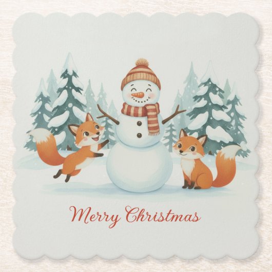 Cute Foxes and Snowman Merry Christmas Kartonnen Onderzetters (Voorkant)