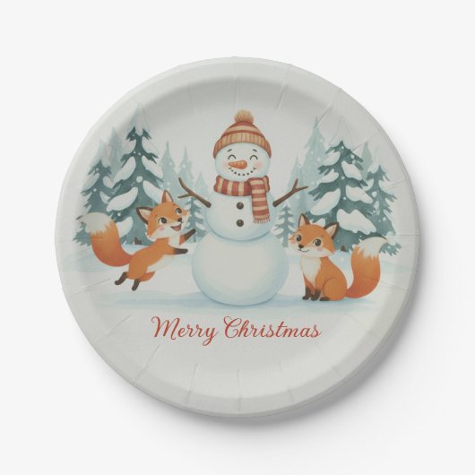 Cute Foxes and Snowman Merry Christmas Papieren Bordje (Voorkant)