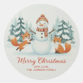 Cute Foxes and Snowman Merry Christmas Ronde Sticker (Voorkant)