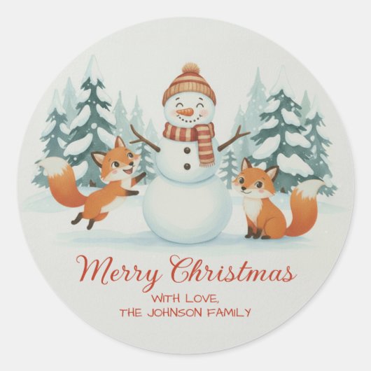 Cute Foxes and Snowman Merry Christmas Ronde Sticker (Voorkant)