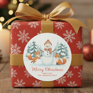 Cute Foxes and Snowman Merry Christmas Ronde Sticker