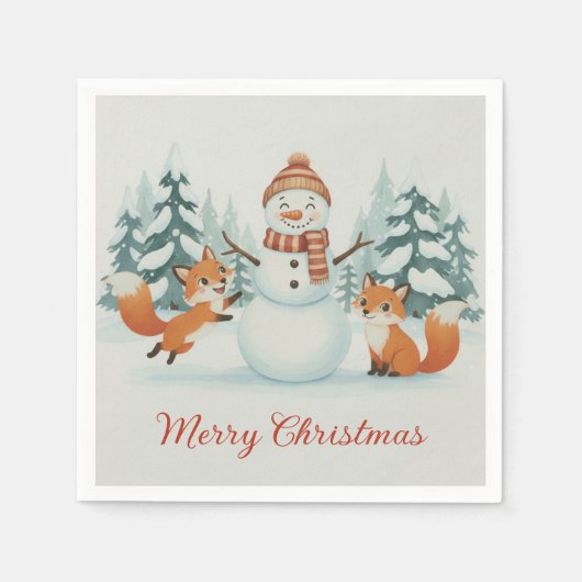 Cute Foxes and Snowman Merry Christmas Servet (Voorkant)