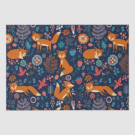 Cute Foxes Birds & Flowers Pattern Tissuepapier