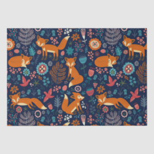 Cute Foxes Birds & Flowers Pattern Tissuepapier