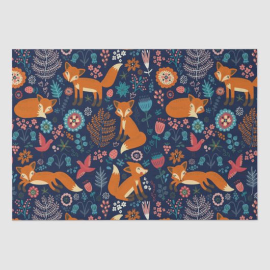Cute Foxes Birds & Flowers Pattern Tissuepapier (Voorkant)