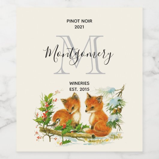 Cute  Foxes Kerstmis Wine Making Wijn Etiket (Enkel label)