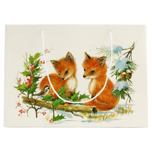 Cute  Foxes Retro Winter Scene Groot Cadeauzakje (Voorkant)