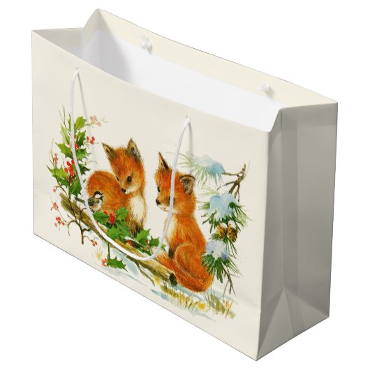 Cute Foxes Retro Winter Scene Groot Cadeauzakje (Voorkant Gekanteld)
