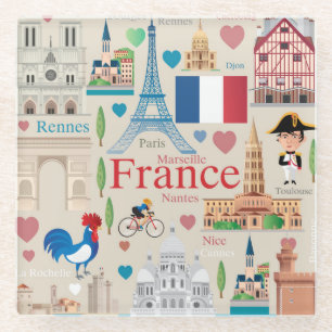 Cute France Icons Glazen Onderzetter