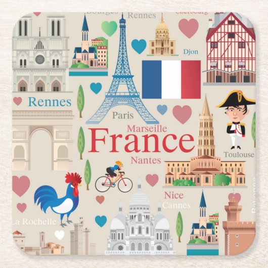 Cute France Icons Kartonnen Onderzetters (Voorkant)