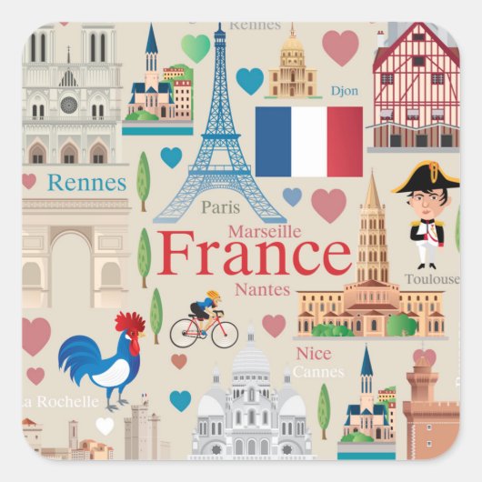 Cute France Icons Vierkante Sticker (Voorkant)