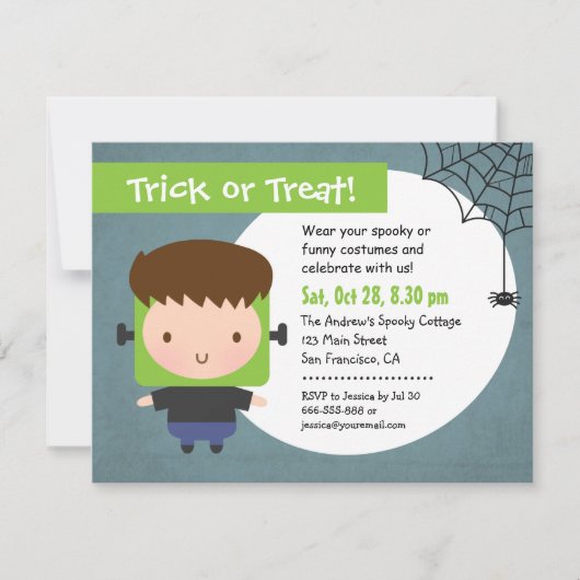 Cute Frankenstein Boy Kinder Halloween Party Kaart (Voorkant)
