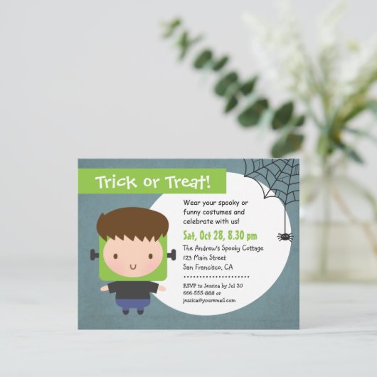 Cute Frankenstein Boy Kinder Halloween Party Kaart (Staand voorkant)