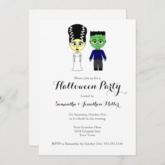 Cute Frankenstein en Bride Halloween Party Kaart (Voorkant / Achterkant)