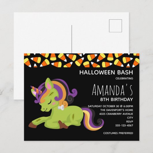 Cute Frankenstein Unicorn Halloween Birthday Uitnodiging Briefkaart (Voorkant / Achterkant)