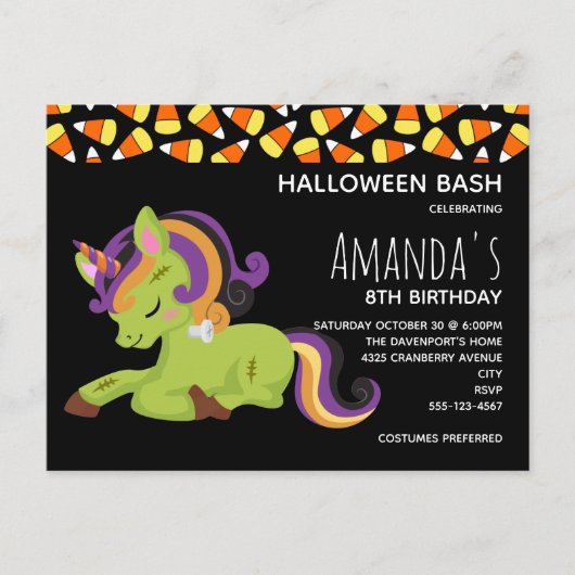 Cute Frankenstein Unicorn Halloween Birthday Uitnodiging Briefkaart (Voorkant)