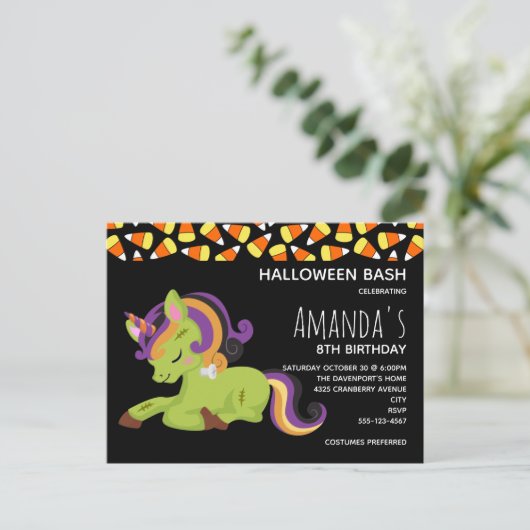 Cute Frankenstein Unicorn Halloween Birthday Uitnodiging Briefkaart (Staand voorkant)
