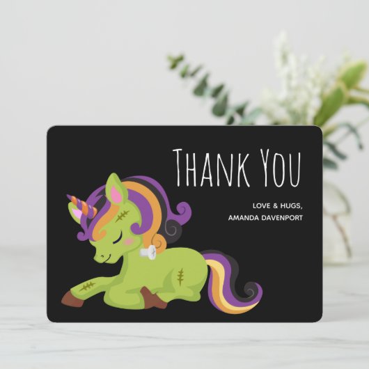 Cute Frankenstein Unicorn Halloween Drawing Bedankkaart (Staand voorkant)