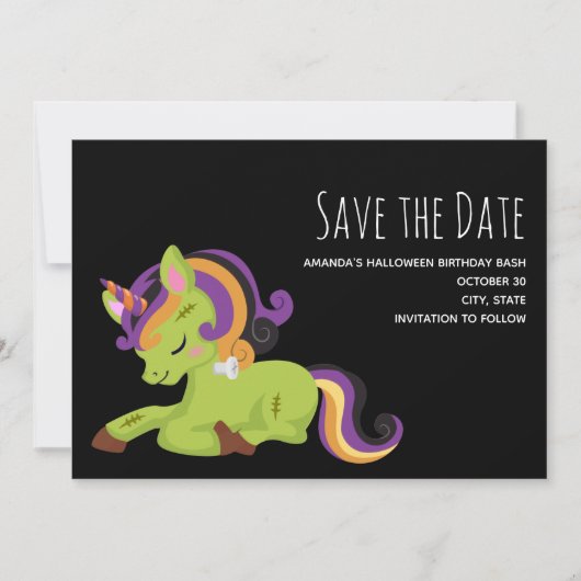 Cute Frankenstein Unicorn Halloween Drawing Save The Date (Voorkant)