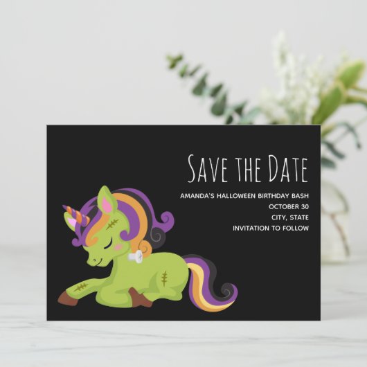 Cute Frankenstein Unicorn Halloween Drawing Save The Date (Staand voorkant)