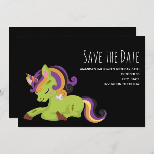 Cute Frankenstein Unicorn Halloween Drawing Save The Date (Voorkant / Achterkant)