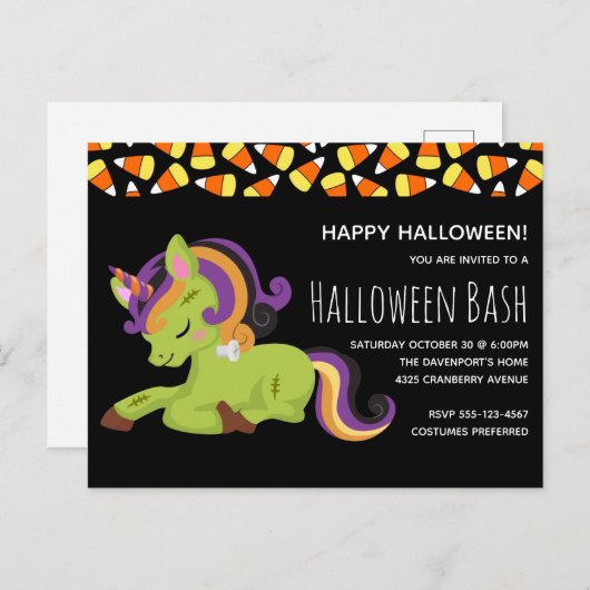 Cute Frankenstein Unicorn Halloween Party Uitnodiging Briefkaart (Voorkant / Achterkant)
