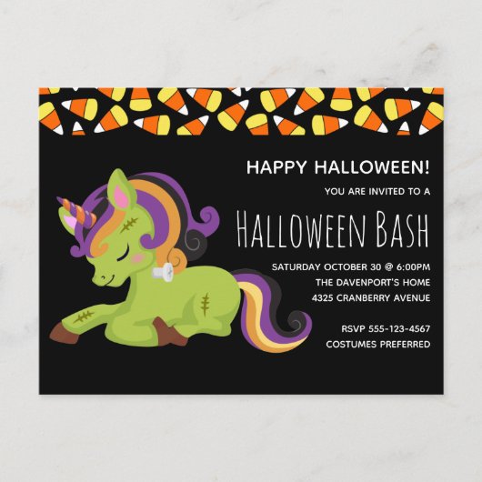 Cute Frankenstein Unicorn Halloween Party Uitnodiging Briefkaart (Voorkant)
