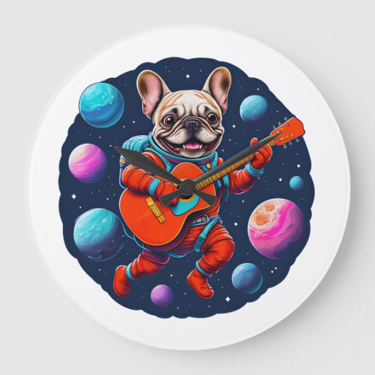 Cute French Bulldog Astronaut Playing Guitar – Fun Grote Klok (Voorkant)