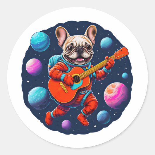 Cute French Bulldog Astronaut Playing Guitar – Fun Ronde Sticker (Voorkant)