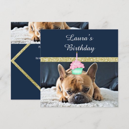 Cute French Bulldog Birthday Party INVITAY NAVY Kaart (Voorkant / Achterkant)