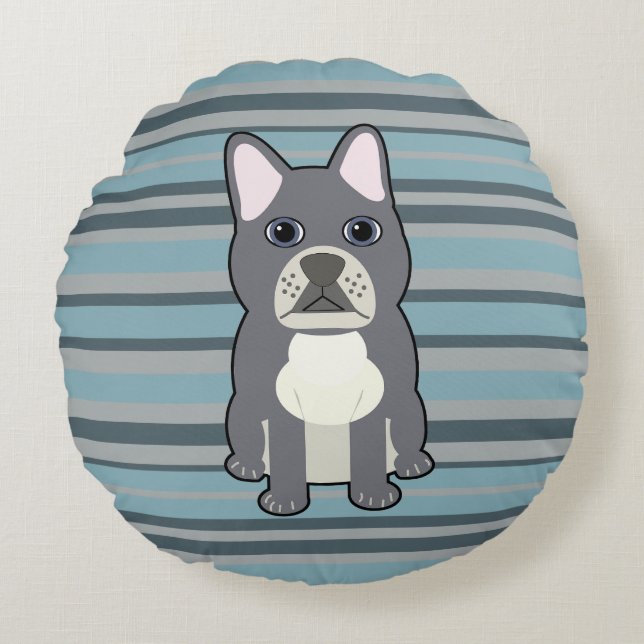 Cute French Bulldog Blue Striped Rond Kussen (Voorkant)