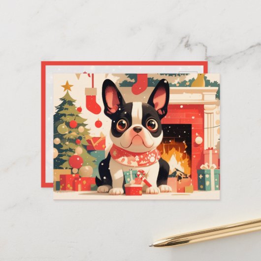 Cute French Bulldog by the Christmas Fireplace Briefkaart (Voorkant / Achterkant in situ)