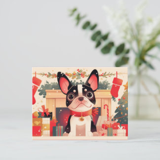 Cute French Bulldog by the Christmas Fireplace Feestdagenkaart
