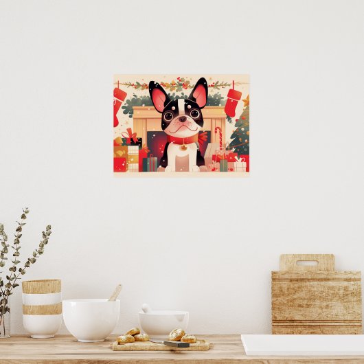 Cute French Bulldog by the Christmas Fireplace Poster (Keuken)