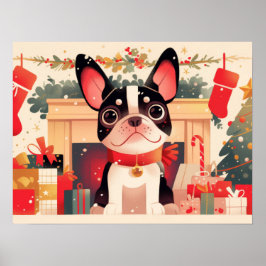 Cute French Bulldog by the Christmas Fireplace Poster
