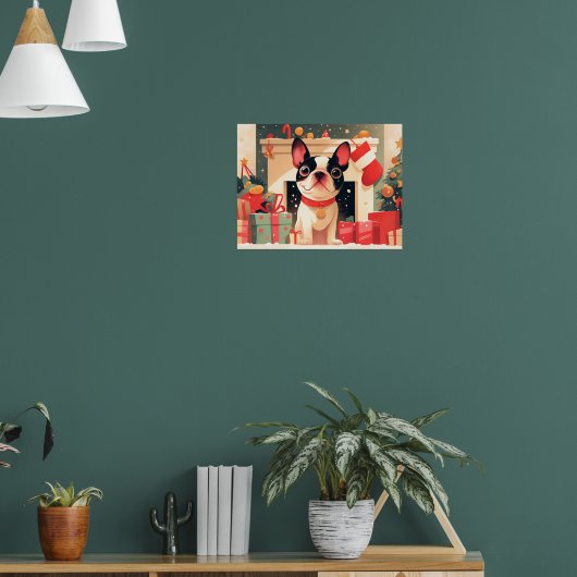 Cute French Bulldog by the Christmas Fireplace Poster (Woonkamer 1)