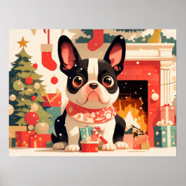 Cute French Bulldog by the Christmas Fireplace Poster