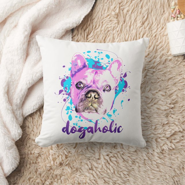 Cute French Bulldog Face Pink Blue Dogaholic Kussen (Deken)
