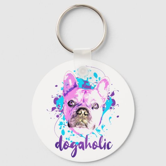 Cute French Bulldog Face Pink Blue Dogaholic Sleutelhanger (Voorkant)