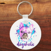 Cute French Bulldog Face Pink Blue Dogaholic Sleutelhanger (Voorkant)