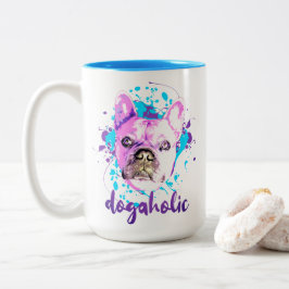 Cute French Bulldog Face Pink Blue Dogaholic Tweekleurige Koffiemok