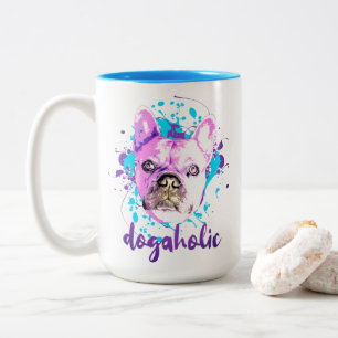 Cute French Bulldog Face Pink Blue Dogaholic Tweekleurige Koffiemok
