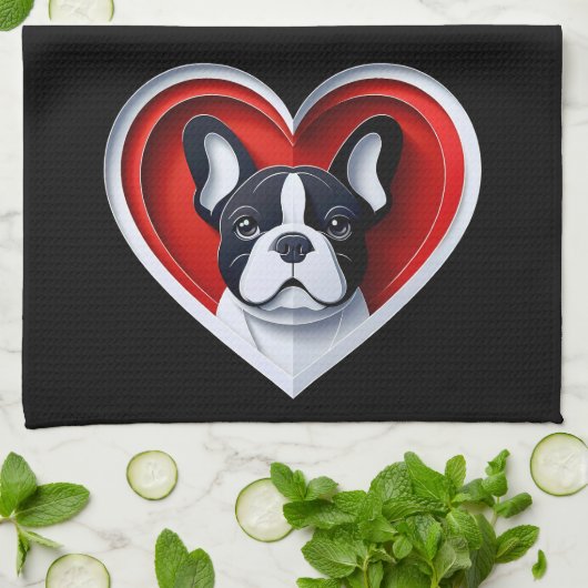 Cute French Bulldog Frenchie in Red Heart Theedoek (Gevouwen)