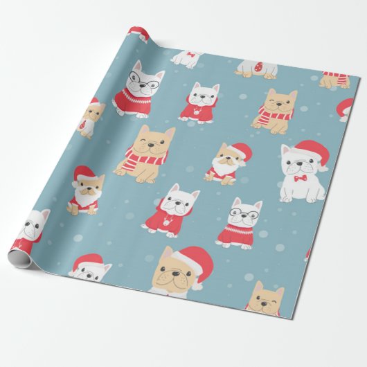 Cute French Bulldog kerstpattern Cadeaupapier (Uitgerold)