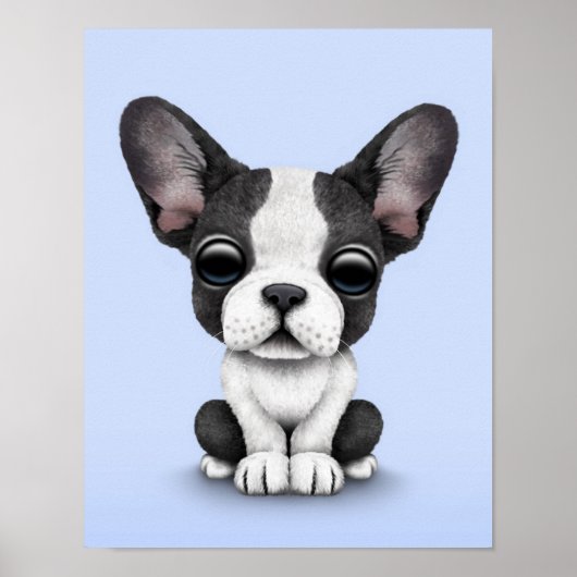 Cute French Bulldog Puppy Dog on Light Blue Poster (Voorkant)
