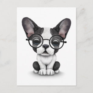 Cute French Bulldog Puppy with Glasses, white Briefkaart